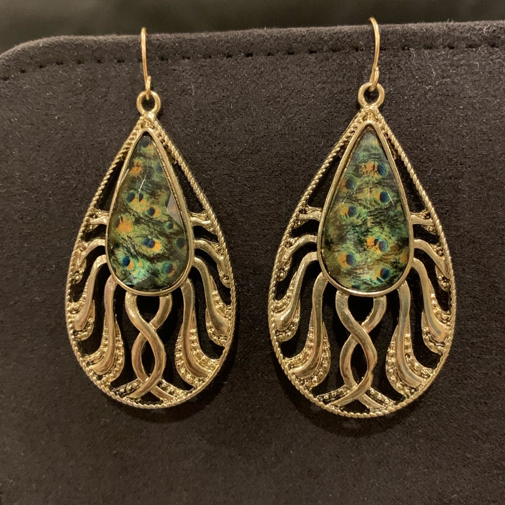 Dangling gold earring with peacock gem - Must be bundled